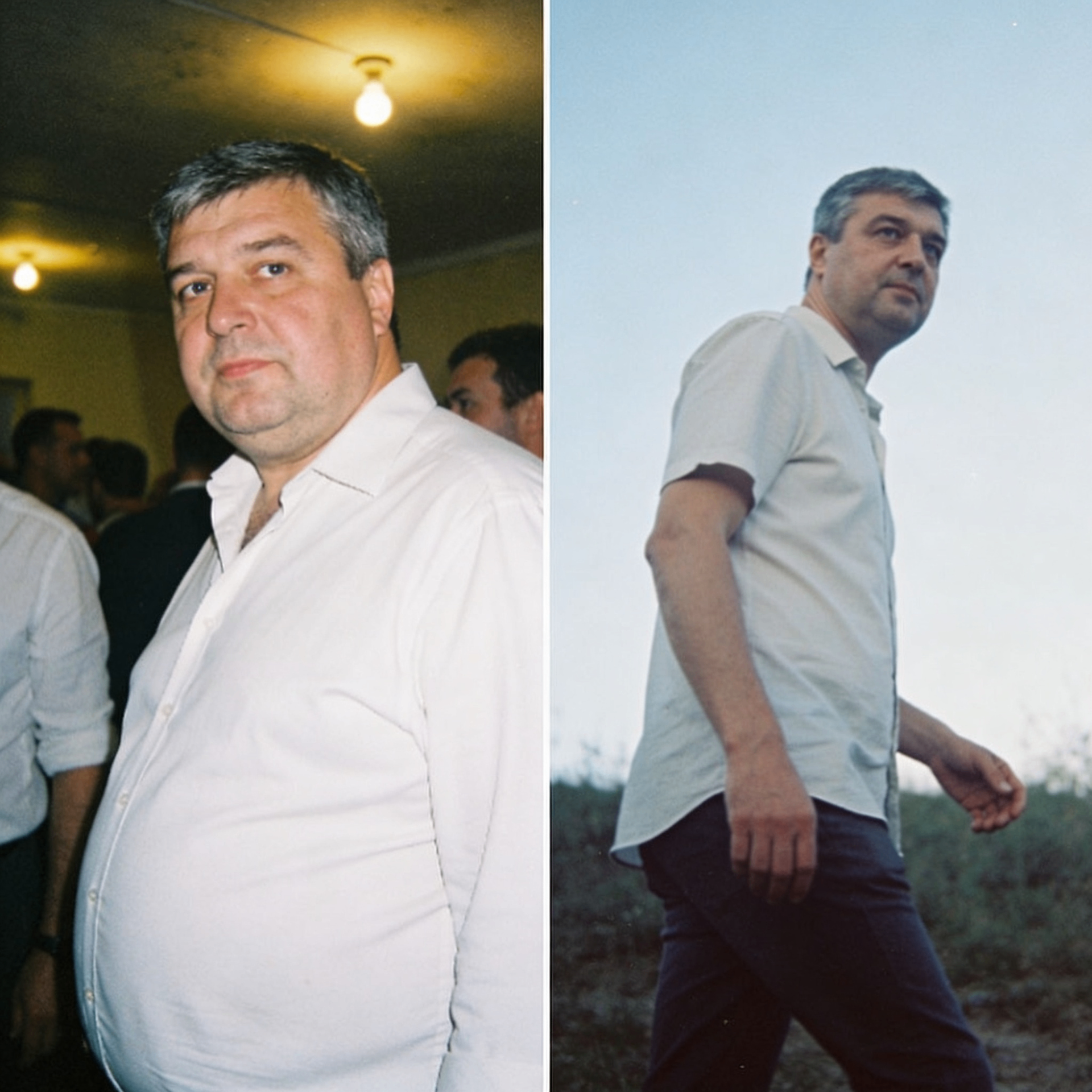 Before and after transformation of a middle-aged man showing leaner physique after taking Erodus