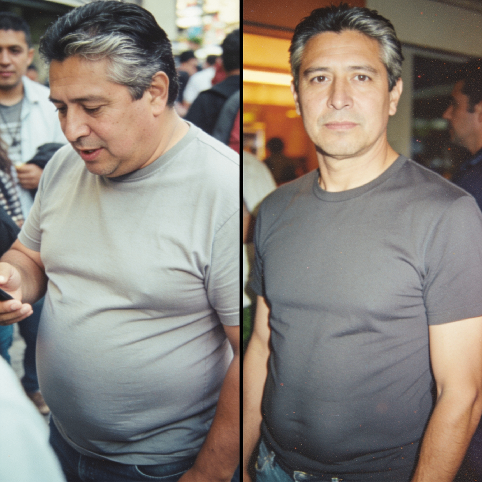 Before and after results of a man showing weight loss and improved muscle tone after taking Erodus